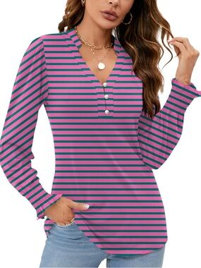 Rapbin Long Sleeve Striped Blouse Pink Green Stripes w/ Pearl Buttons XXL